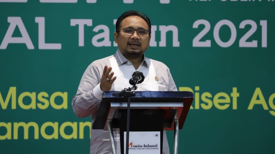 Menag Yaqut memberikan Keynote Speech dalam acara Temu Peneliti Nasional 2021, Tangerang, Jumat (11/06/2021)