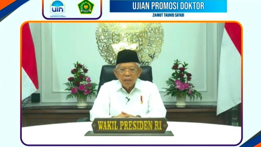 Wapres  Ma'ruf Amin saat menyampaikan ucapan selamat secara virtual kepada Wamenag, Jakarta, Kamis, (5/8/2021)