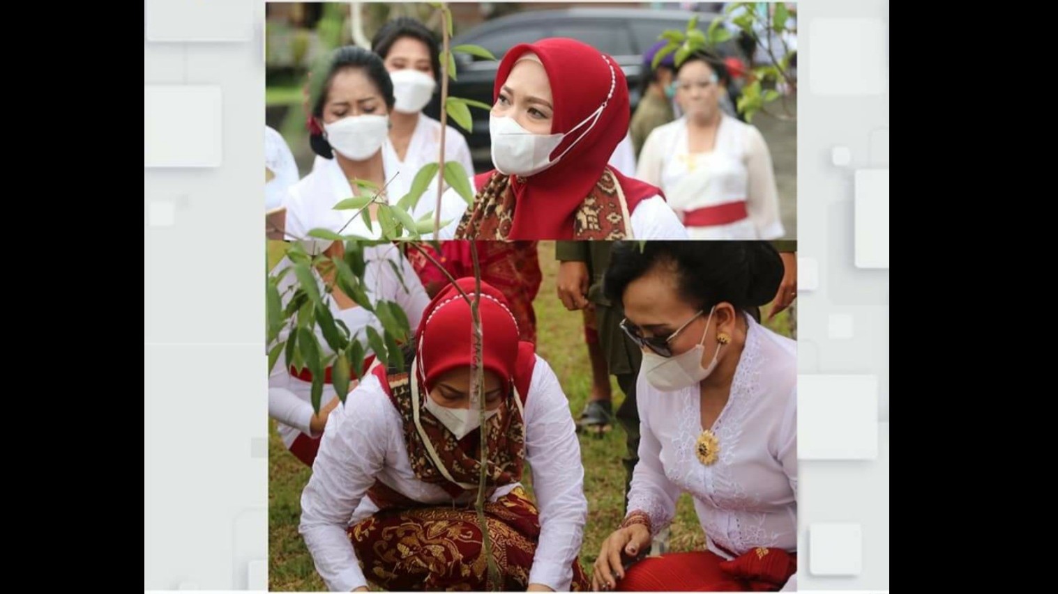 Penasihat DWP Kemenag Eny Yaqut dan Ketua DWP UHN IGB Sugriwa Relin Denayu E, saat menanam pohon Nagasari