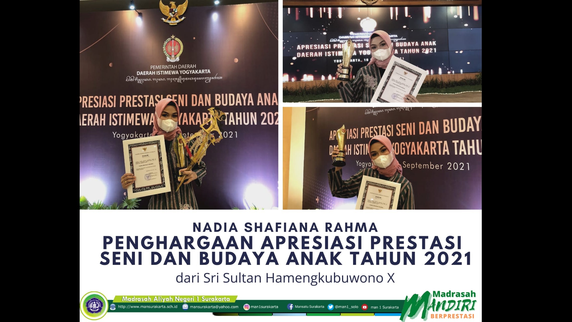 Nadia Shafiana Rahma, siswi MAN 1 Surakarta terima Apresiasi Prestasi Seni dan Budaya Anak Tahun 2021 dari Gubernur DIY
