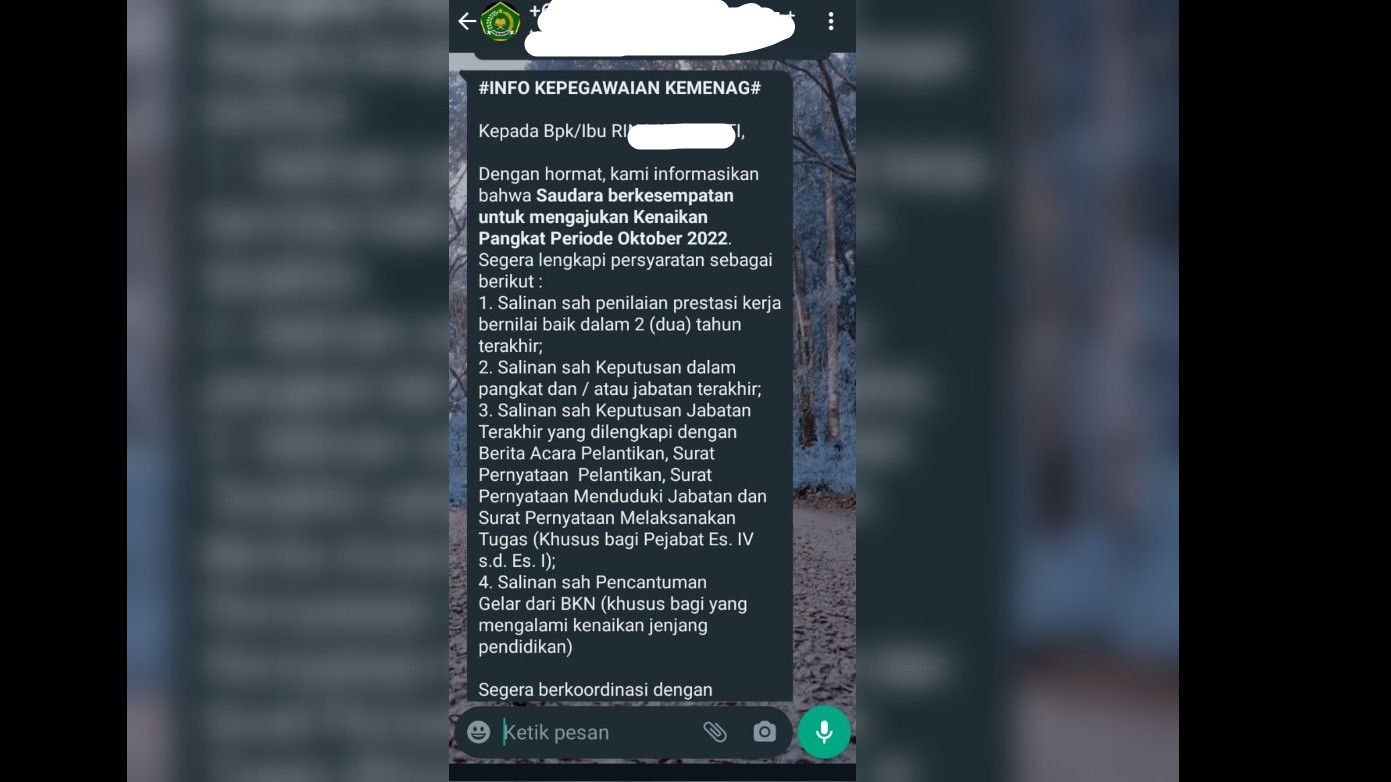 Tangkapan layar pesan WhatsApp Notifikasi Kenaikan Pangkat ASN Kemenag