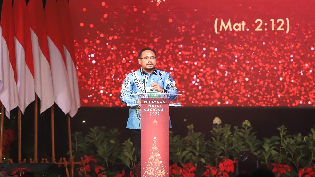 Menag Yaqut Cholil Qoumas beri  sambutan pada Perayaan Natal Nasional 2022 di Jakarta (19/1/2023)