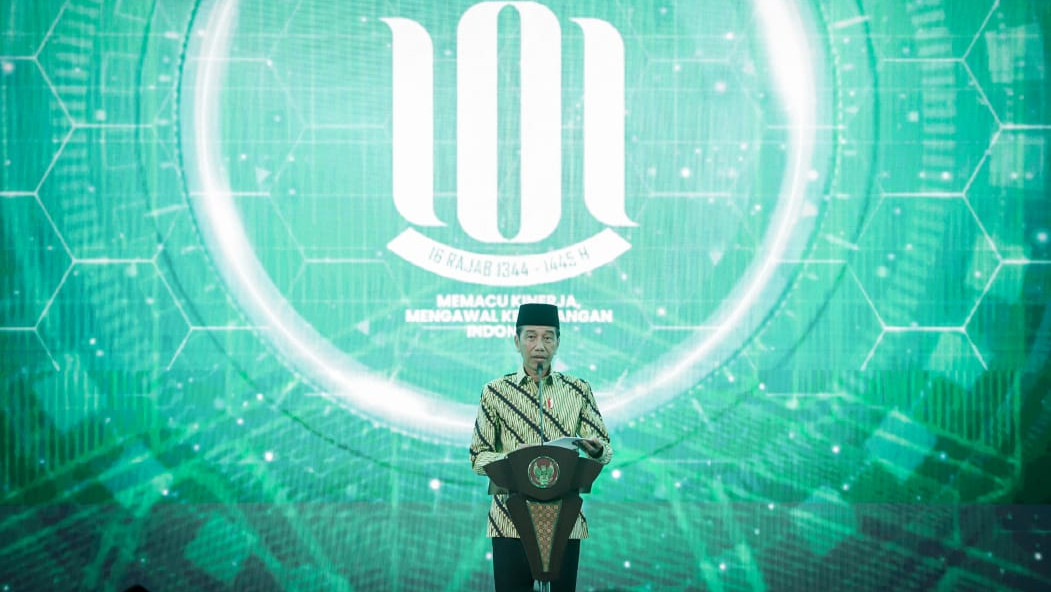 Presiden Jokowi saat memberi sambutan pada harlah 101 NU di kampus UNU Yogyakarta, Rabu (31/1/2024)