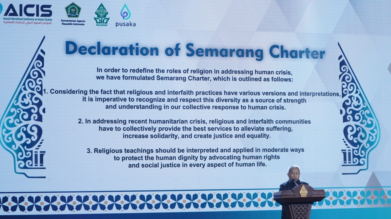 Plt. Rektor UIN Walisongo, Prof. Dr. Nizar Ali, M.Ag membacakan Semarang Charter, Sabtu (3/2/2024)
