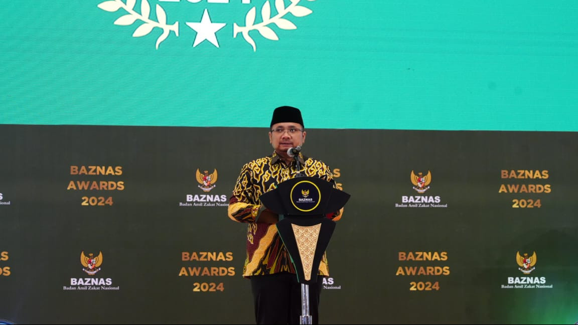 Menag saat Badan Amil Zakat Nasional (Baznas) Award 2024 di Jakarta, pada Kamis (29/2/2024).
