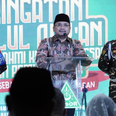 Menteri Agama Yaqut Cholil Qoumas menghadiri Peringatan Nuzulul Quran bersama pengurus dan kader Gerakan Pemuda (GP) Ansor di Jakarta, Kamis (28/03/2024).